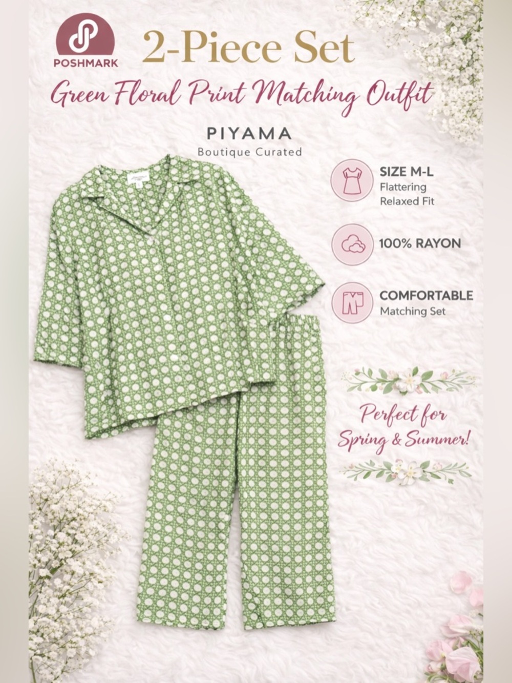 Piyama 2-Piece Set M/L Green Floral Rayon Lounge Set Boho Chic Matching Outfit